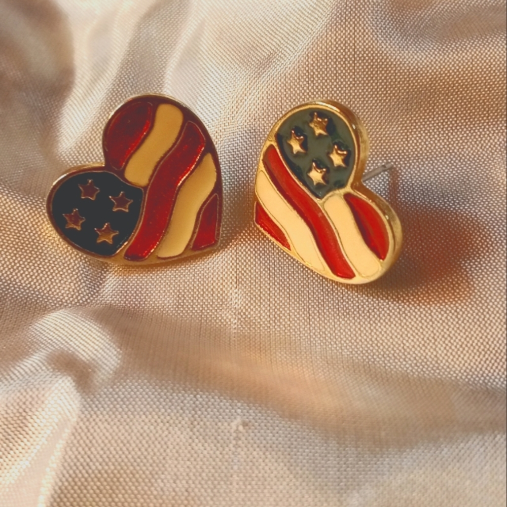 Patriotic Heart Flag Earrings – Red, White & Blue Studs